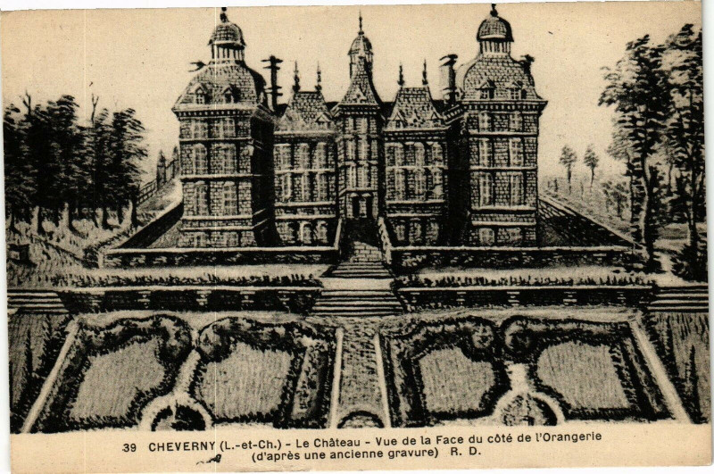 Le château de Cheverny, vue de la face du côté de l'Orangerie. D'après une ancienne gravure.