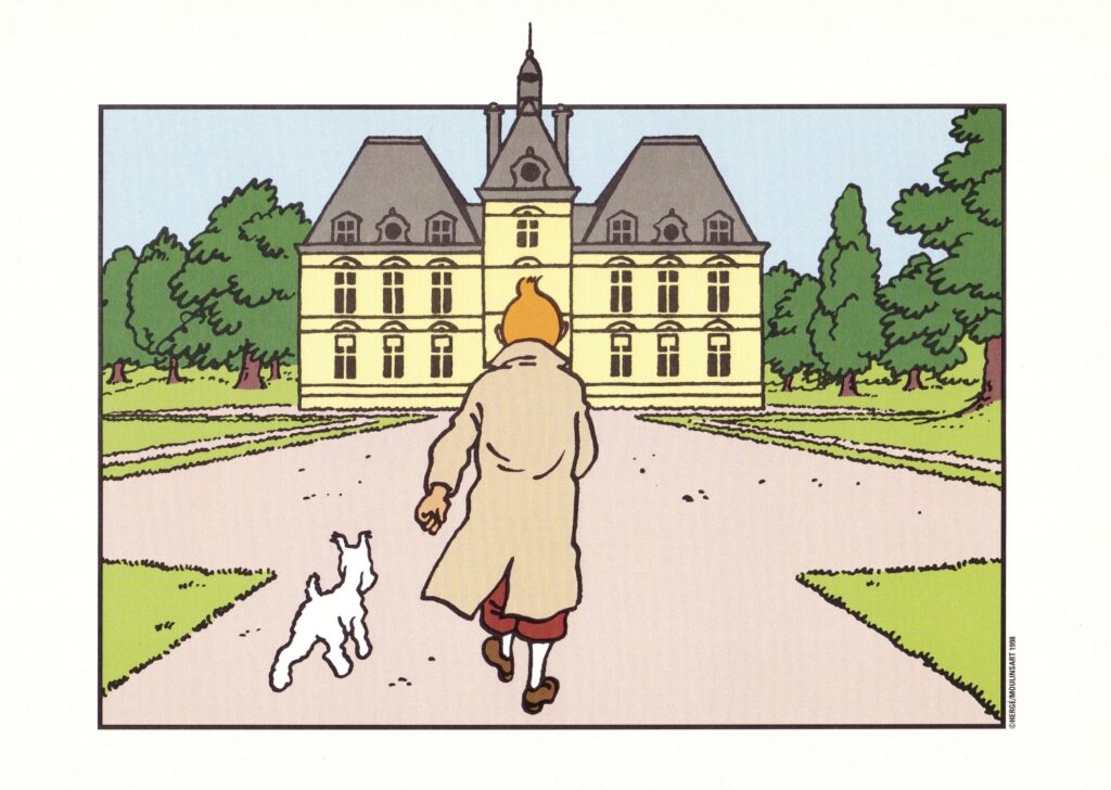 Tintin se dirigeant vers le château de Moulinsart.