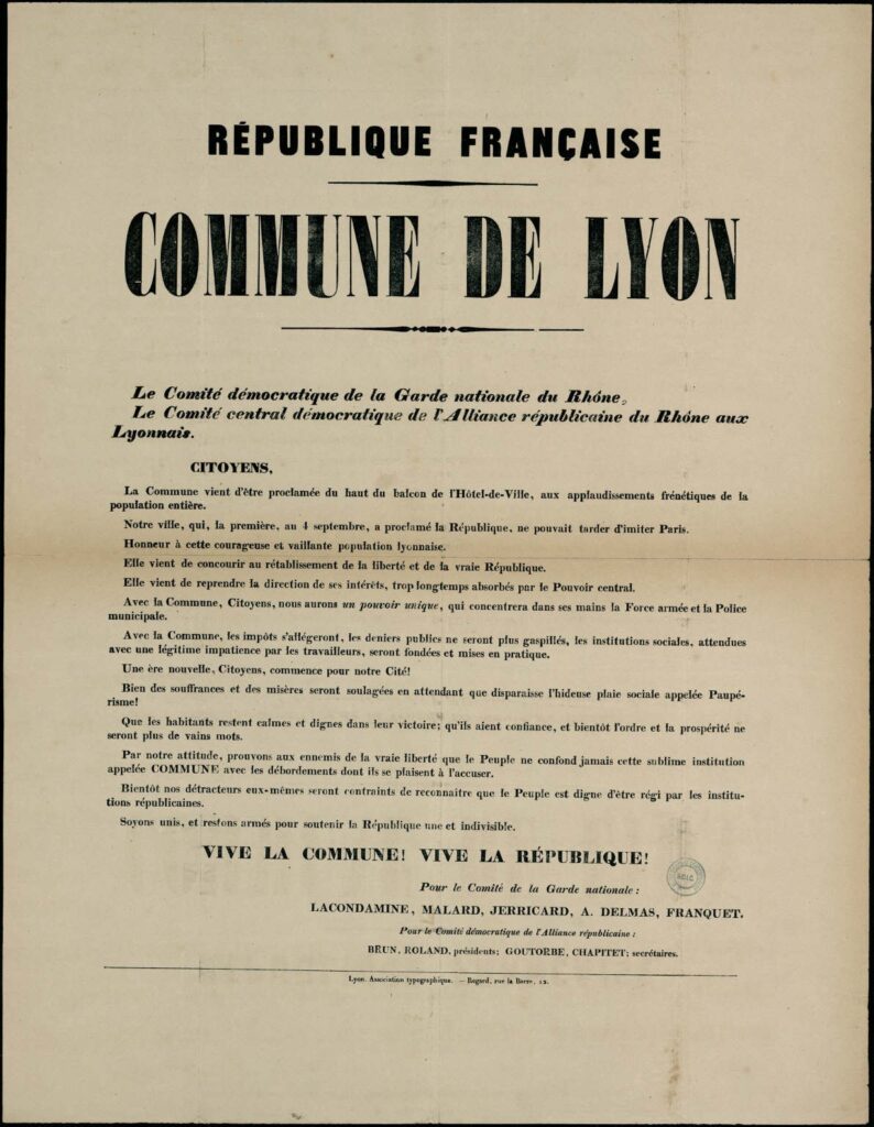Affiche annonçant la Commune de Lyon le 23 mars 1871. Domaine public. (Louis Andrieux, archétype de l’homme politique français).