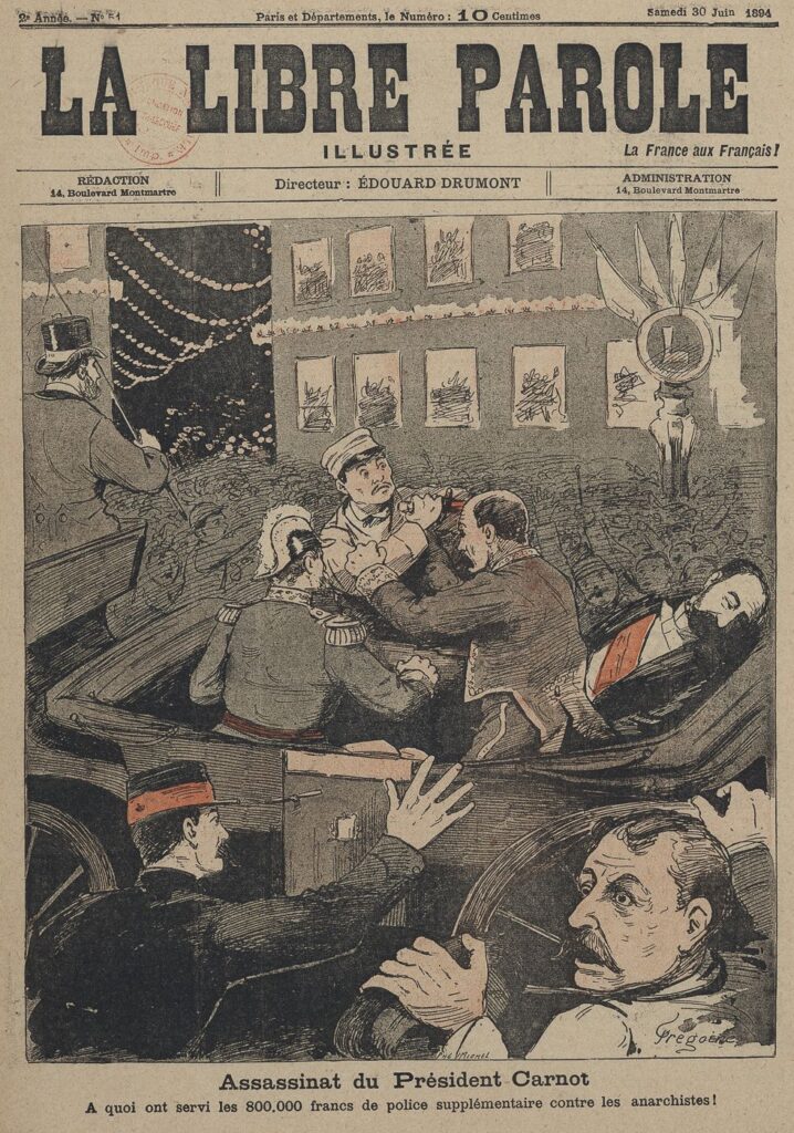 Assassinat du Président Carnot par un anarchiste. Dessin publié dans La Libre Parole illustrée (no 511, 30 juin 1894) Paris, Bibliothèque nationale de France (BnF). (Louis Andrieux, archétype de l’homme politique français).