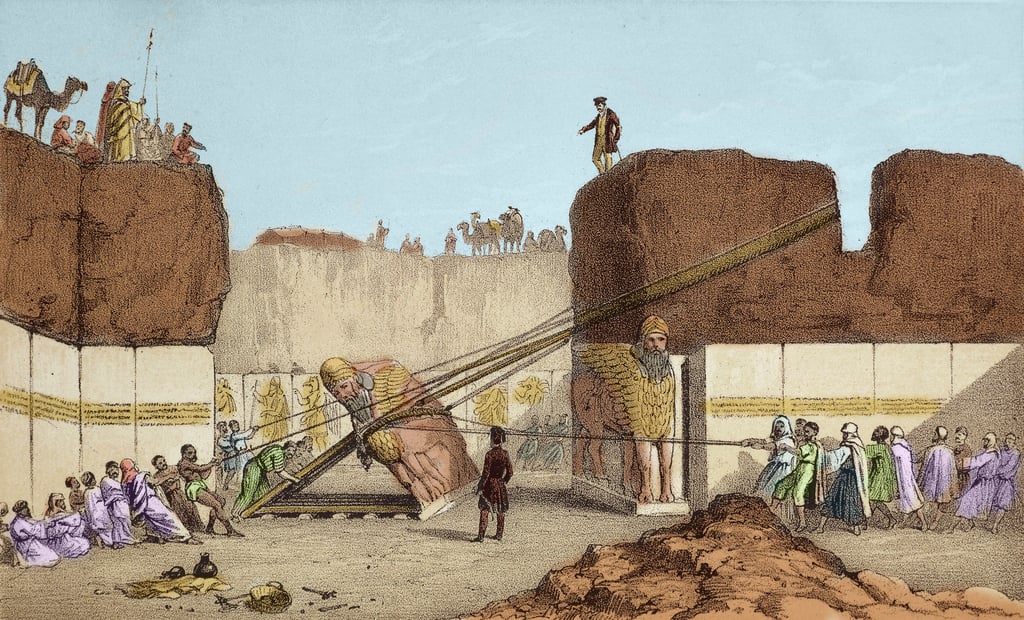 Fouilles de Ninive (Nineveh) - Les ruines de Nimrud (Nimroud) par Henri Layard (après son voyage en Mésopotamie au XIXe siècle) ; remplacement de l'aile du grand taureau - L'expédition d'un taureau ailé de Nimrud, lors des fouilles de Sir Austen Henry 