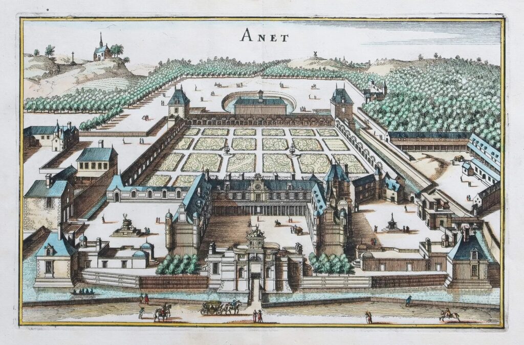 Gravure ancienne du Château d’Anet. Epreuve originale réalisée en 1640. Johanne Pieters dessinateur. Coloris aquarelle. (Château d’Anet, demeure de Diane de Poitiers !).