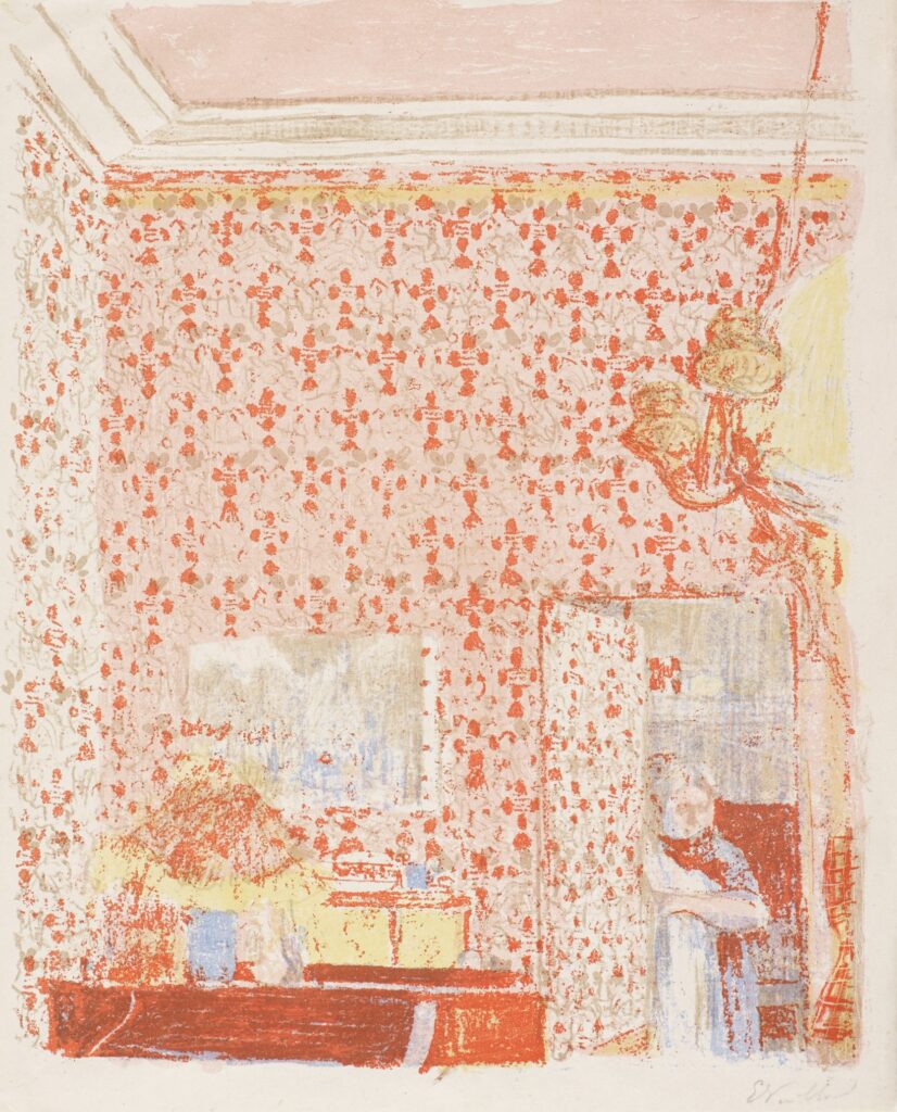 Édouard Vuillard, (1868 - 1940) : Intérieur aux tentures roses I, 1899, lithographie au crayon sur papier de Chine volant, 350 x 272 mm. (Exposition Graver la Lumière au musée Marmottan Monet !).