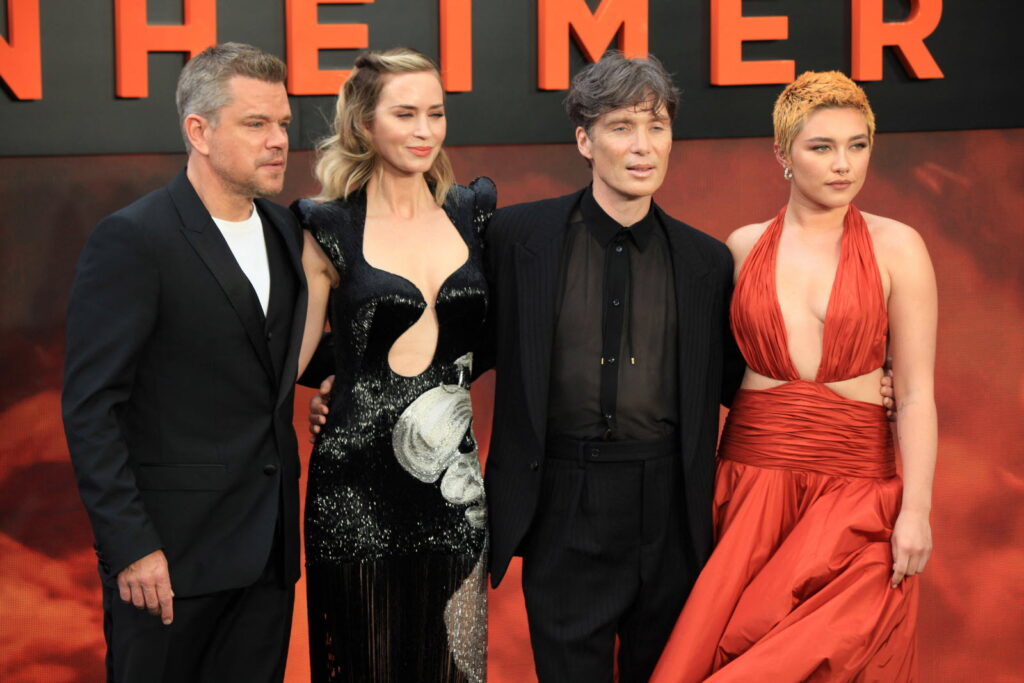 Matt Damon, Emily Blunt, Cillian Murphy et Florence Pugh ont quitté jeudi 13 juillet l’avant-première londonienne de « Oppenheimer », à l’annonce du vote de la grève des acteurs. Photo SIPA. (Hollywood : Après la grève des scénaristes, les acteurs rejoignent le mouvement !).