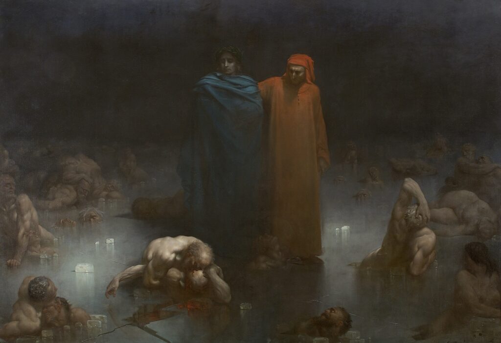 Gustave Doré : Dante et Virgile dans le neuvième cercle de l'Enfer. Crédit photo monastère royal de Brou. (Visite du Monastère royal de Brou, chef-d’œuvre gothique !).