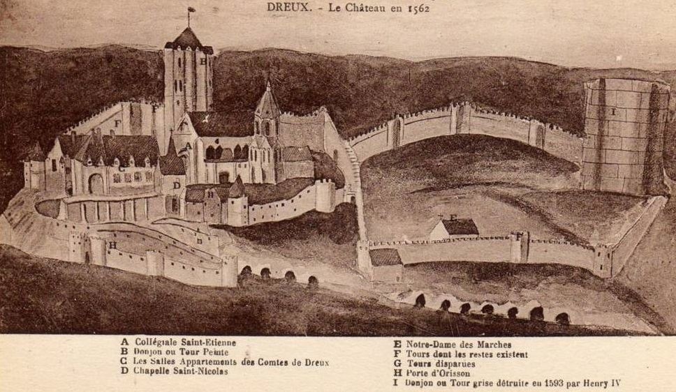 Dreux : le château en 1562, gravure ancienne. Domaine public. (Visite du domaine royal de Dreux !).