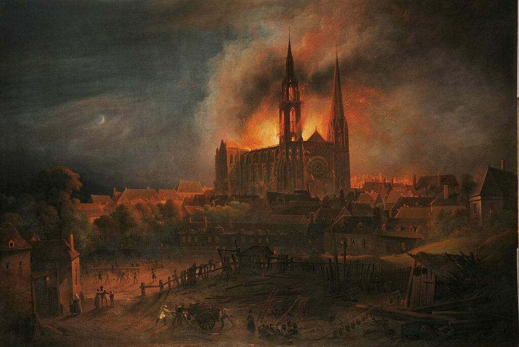 François Alexandre Pernot, L'incendie de Notre-Dame de Chartres en 1836, 1837, huile sur toile, 178 x 260 cm, musée des Beaux-Arts de Chartres. (Visite de la Cathédrale de Chartres, joyaux du patrimoine gothique !).