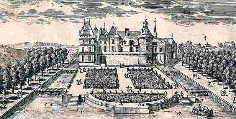 Le château de Maintenon au XVIIe siècle, gravure ancienne. Domaine public. (Visite du château de Maintenon et de l’aqueduc de Louis XIV !).