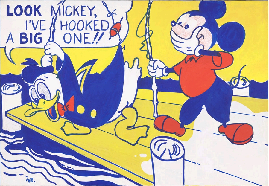 Roy Lichtenstein : Look Mickey (Regarde Mickey, j'en ai attrapé un gros !) (1961). (Centenaire de Roy Lichtenstein, pionnier du Pop Art !).