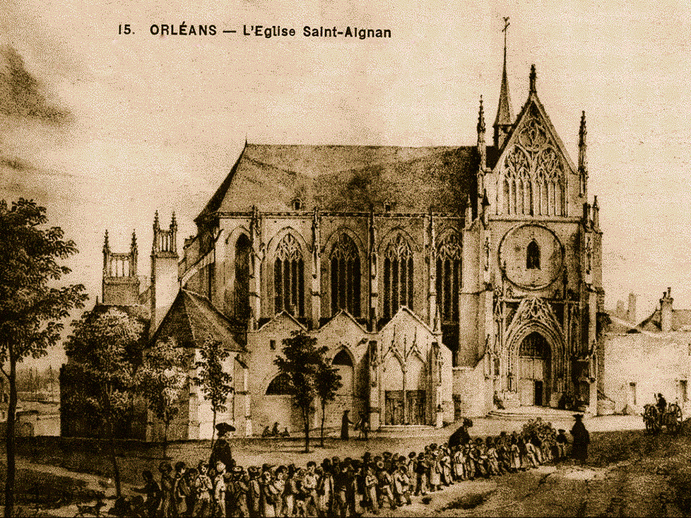 La collégiale St-Aignan (gravure XIXe siècle, coll. part.). Crédit photo Loiret/MUSEFREM. (Patrimoine : Visite de L’abbaye de Saint-Benoît-sur-Loire (Fleury) !).
