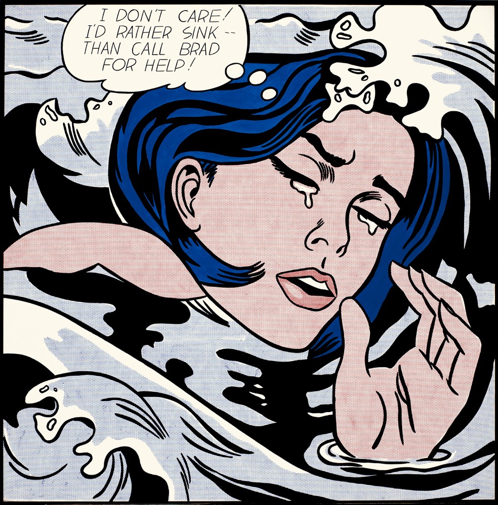 Roy Lichtenstein : Drowning girl (Je m'en fous ! Je préfère couler que d'appeler Brad à l'aide !) (1963). (Centenaire de Roy Lichtenstein, pionnier du Pop Art !).