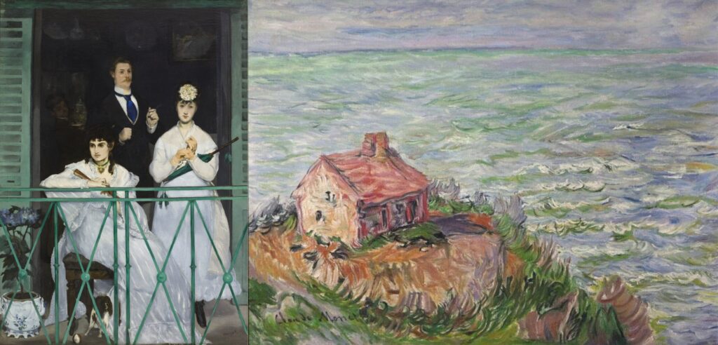 Édouard Manet, Le Balcon, entre 1868 et 1869, musée d’Orsay. © Musée d’Orsay, RMN-Grand Palais) / Hervé Lewandowski. Claude Monet, La Cabane des douaniers. Effet d'après-midi, 1882. © Musée d’Orsay.