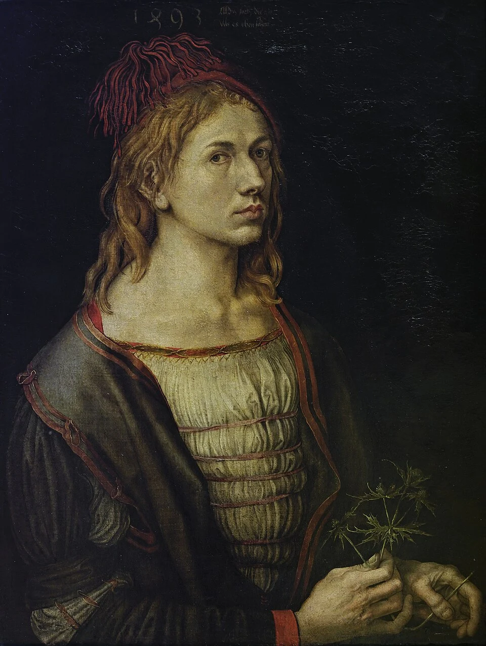 Admirez Portrait de l&rsquo;artiste tenant un chardon de Dürer au Louvre Paris
